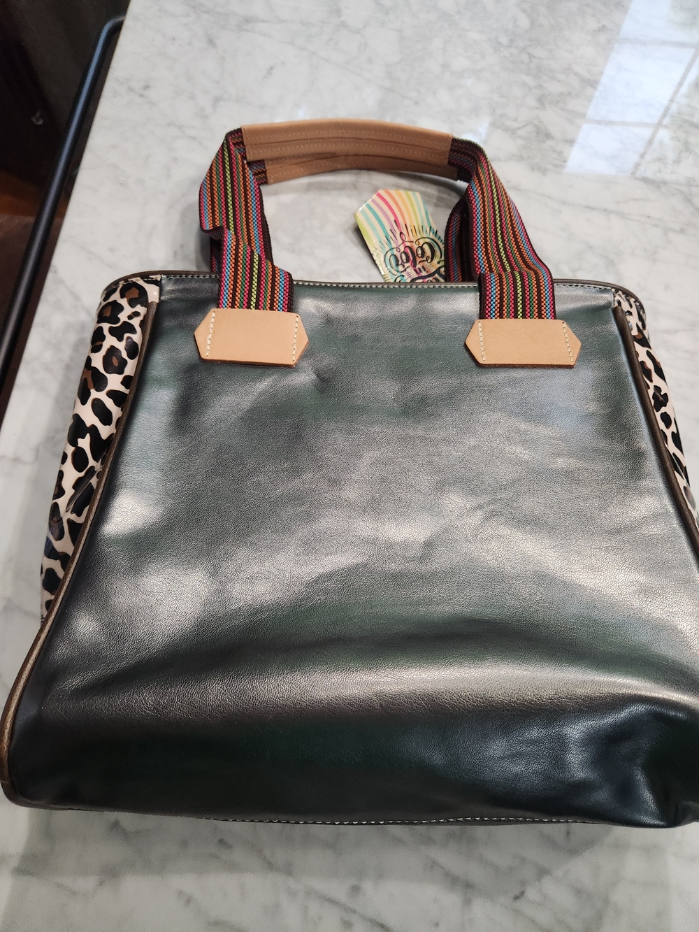 Leather Metallic Gray with Leopard Trim, Colorful Straps/Bag lining, BRAND NEW.